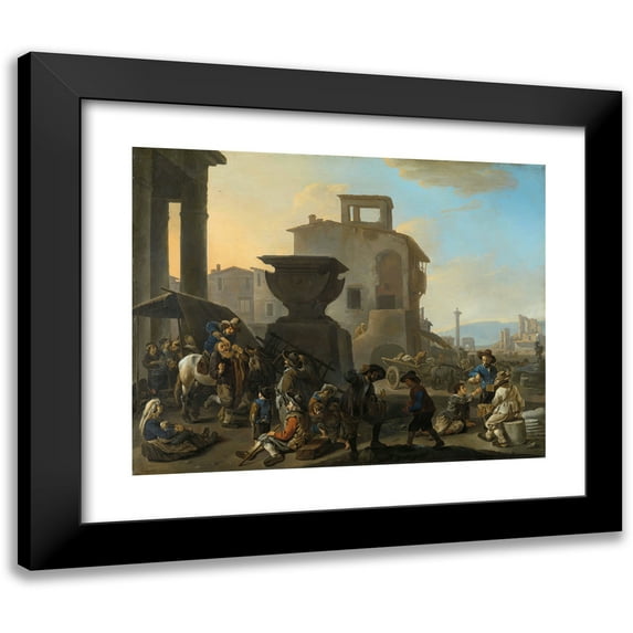 Johannes Lingelbach 24x20 Black Modern Framed Museum Art Print Titled - Italian Marketplace with a Quack Dentist (1651)