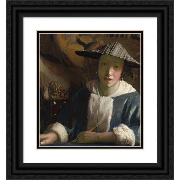 Johannes Vermeer 15x16 Black Ornate Wood Framed Double Matted Museum Art Print Titled - Girl with a Flute (Probably 1665-1675)