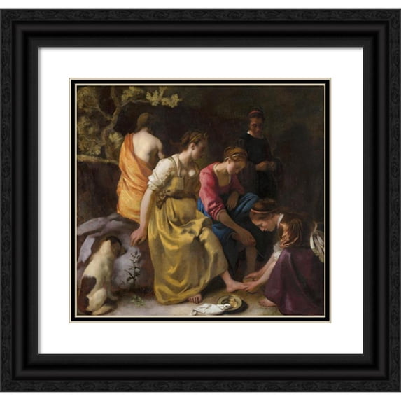 Johannes Vermeer 16x15 Black Ornate Wood Framed Double Matted Museum Art Print Titled - Diana and Her Nymphs (C. 1653 - 1654)