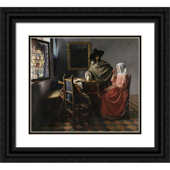 Johannes Vermeer 17x15 Black Ornate Wood Framed Double Matted Museum Art Print Titled - The Wine Glass (circa 1658-1660)