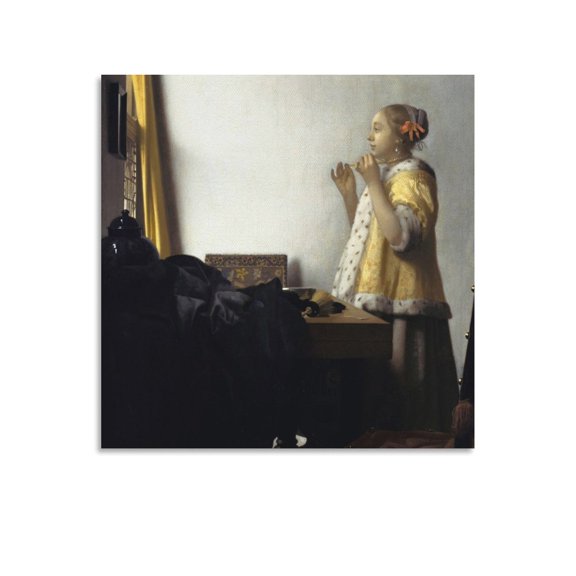 Johannes Vermeer Print Painting Young Woman with A Pearl Necklace Art Poster Canvas Painting Decor Wall Print Photo Gifts Home Modern Decorative Posters 16x16inch(40x40cm)