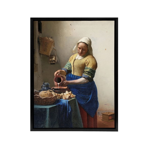 Johannes Vermeer The Milkmaid Black Framed Canvas Wall Art Print 24X32"
