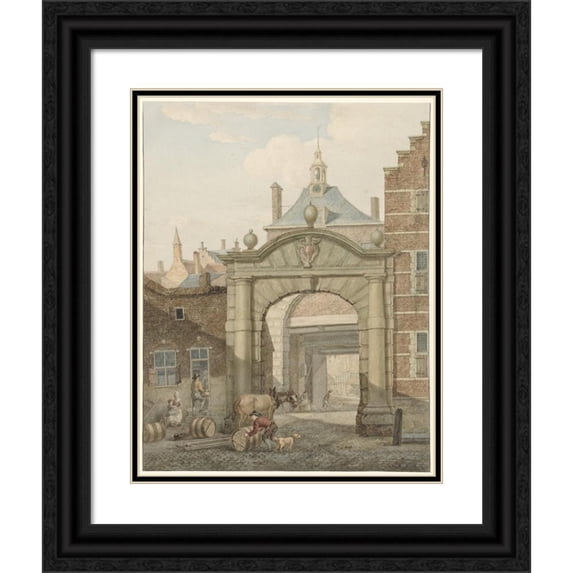 Johannes van Lexmond 20x24 Black Ornate Framed Double Matted Museum Art Print Titled: View Through a Gate in Dordrecht (1819)
