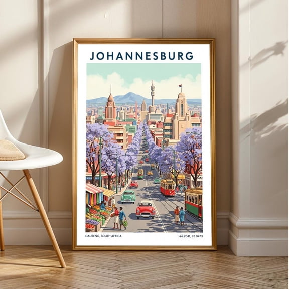 Johannesburg Jacaranda Trees Gouache Retro South African Cityscape