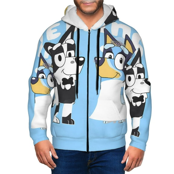 Johaoi Bluey Pattern Zip Hoodie Sweatshirt for Men,Sleeve Pullover Casual Long Hooded Sweatshirt with Zipper-Small