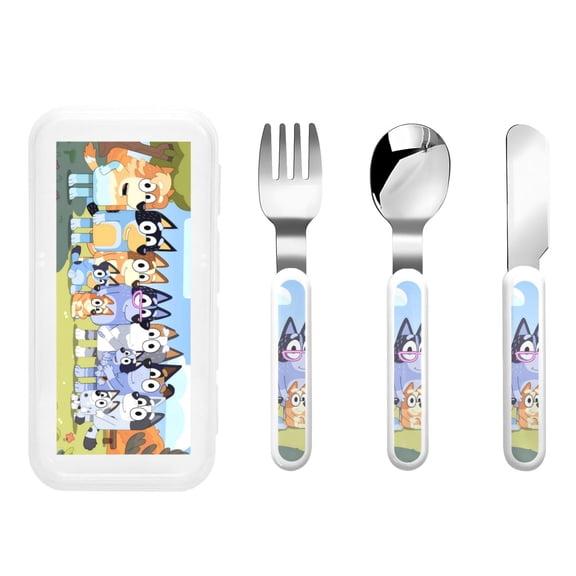 Johaoi Bluey Print Toddler Utensils,Kids Silverware with Silicone Handle Flatware Sets Childrens Safe Flatware Cutlery Set Stainless Steel Cutlery