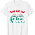 thumbnail image 1 of John 1:39-42 Bible Gospels Jesus Red Letters Come And See Womens T-Shirt White Large, 1 of 5