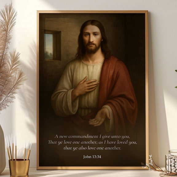 John 13:34 Jesus Portrait with Scripture Love One Another Christian Decor, Stretched Canvas 12x16in
