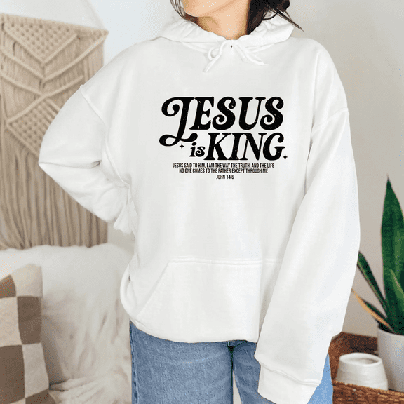 John 14:6 Christian Sweatshirts for Women Jesus is King Lettering Print Tops Scripture Wear Biblical Faith Hoodie Long Sleeve Pullover for Daily Outfits White,2XL