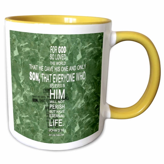 3drose, John 3 16 Bible Verse in the Form of a Cross Reflected on Green Granite Print, 11oz Two-tone Yellow Mug