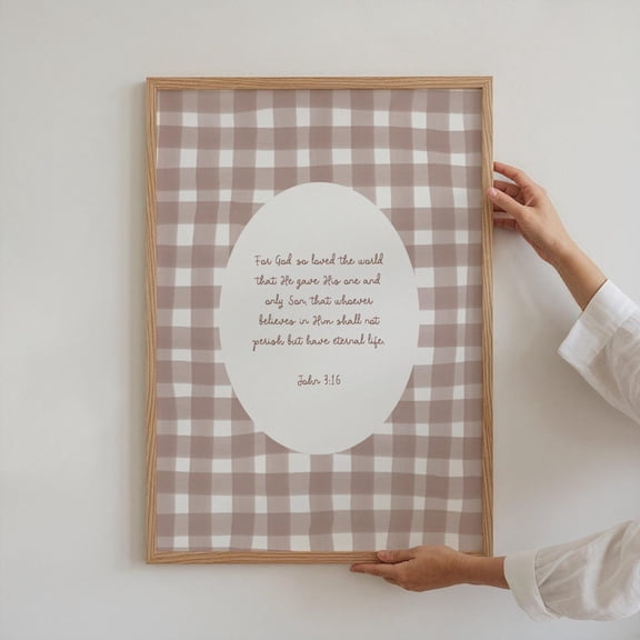 John 3:16 Christian Art Print, Neutral Gingham, Modern Scripture Unframed Paper Print