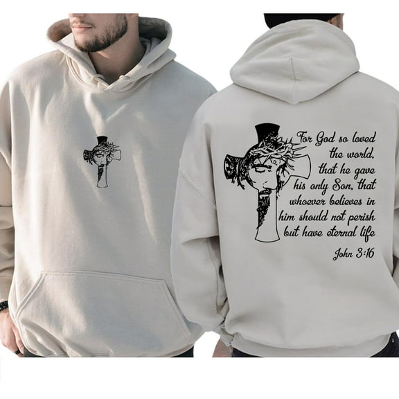 John 3:16 Christian Hoodie – Double-Sided Jesus on the Cross Graphic Pullover, Bible Verse Faith Hoodie, Spiritual Gift for Believers