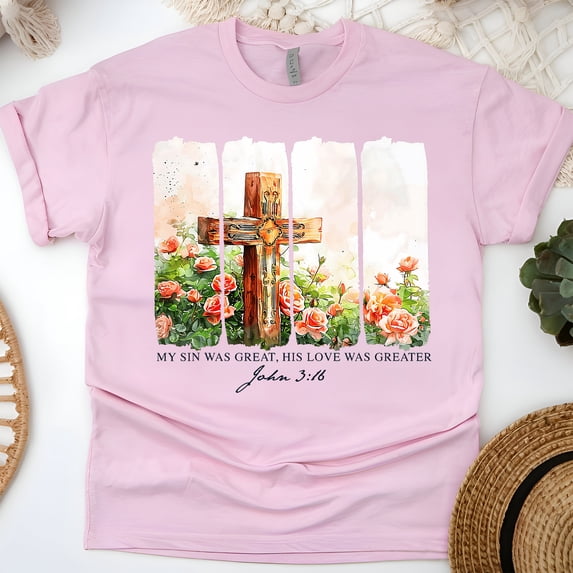 John 3:16 Christian T-Shirt My Sin Was Great His Love Greater, Light Pink, Size 3XL