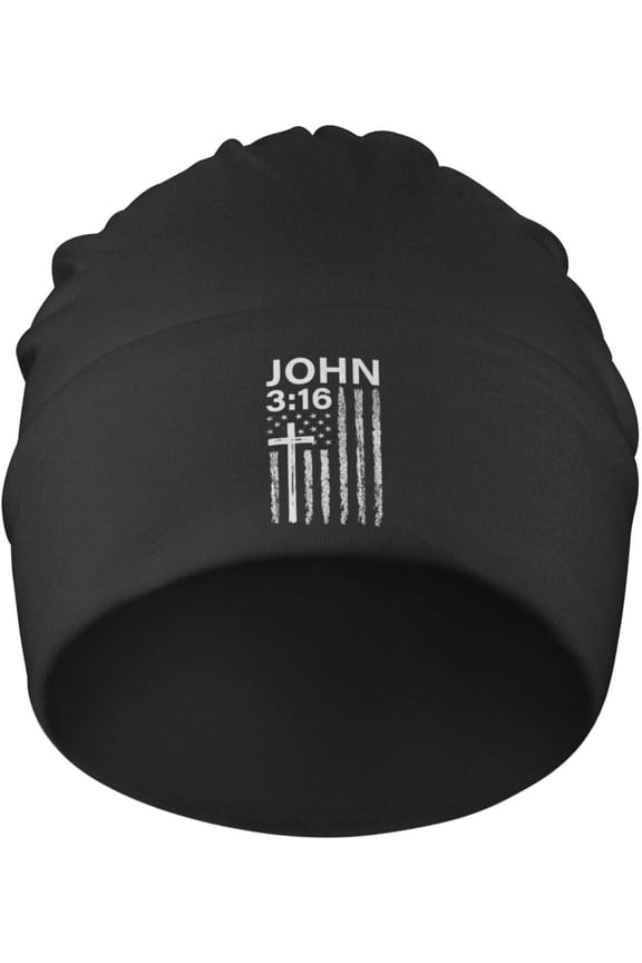 John 316 Faith Cross American Flag Beanie Hats Skull Sleep Cap Knit Sleeping Hat Headwear for Men Women Hedging Hat Black