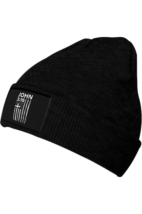 John 3?16 Faith Cross American Flag Black Womens Winter Beanie Cap Knit Soft Warm Hat Beanie Hat for Men