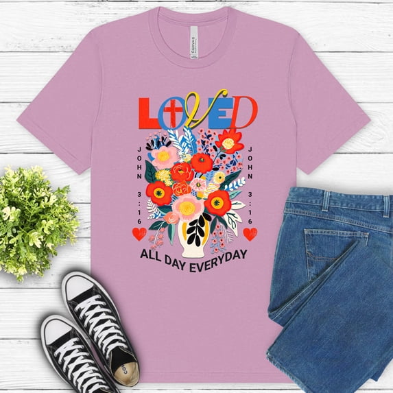 John 3:16 Loved Premium Shirt – Colorful Faith-Inspired Flower and Cross Tee, Lilac, 3XL