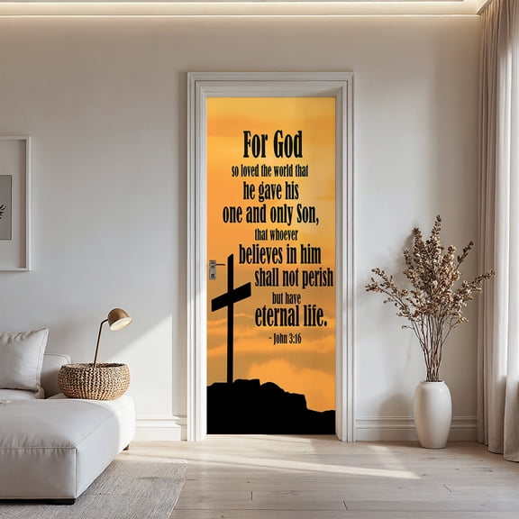 John 3:16 Sunset Cross Door Sticker - 30.3x78.7in Religious Bible Verse Peel and Stick Door Decal for Church & Home