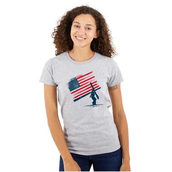 John 3:16 Verse USA American Flag Womens Slim Fit Graphic Tee Brisco Brands S