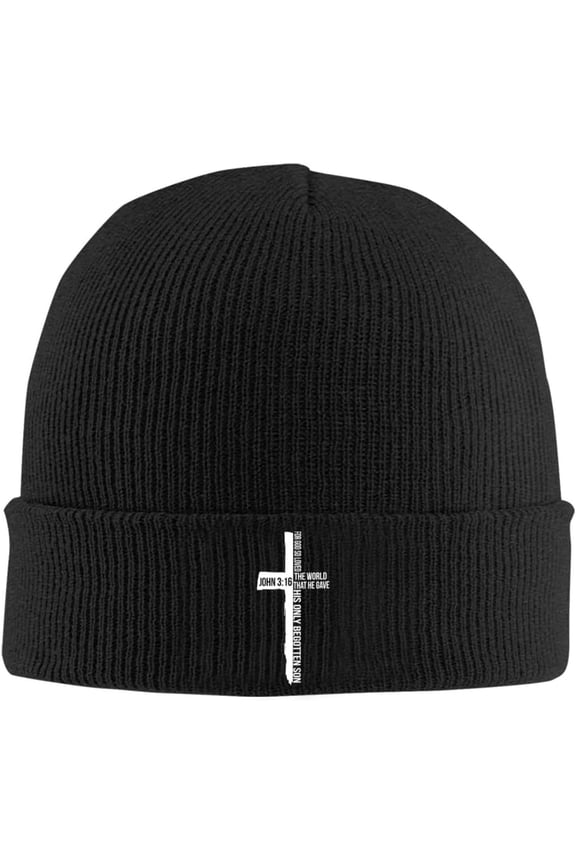 John 3:16 for God So Loved The World Cross, Christian, Faith Beanie Hat Women Knit Hat Men Skull Cap Slouchy Hat Black