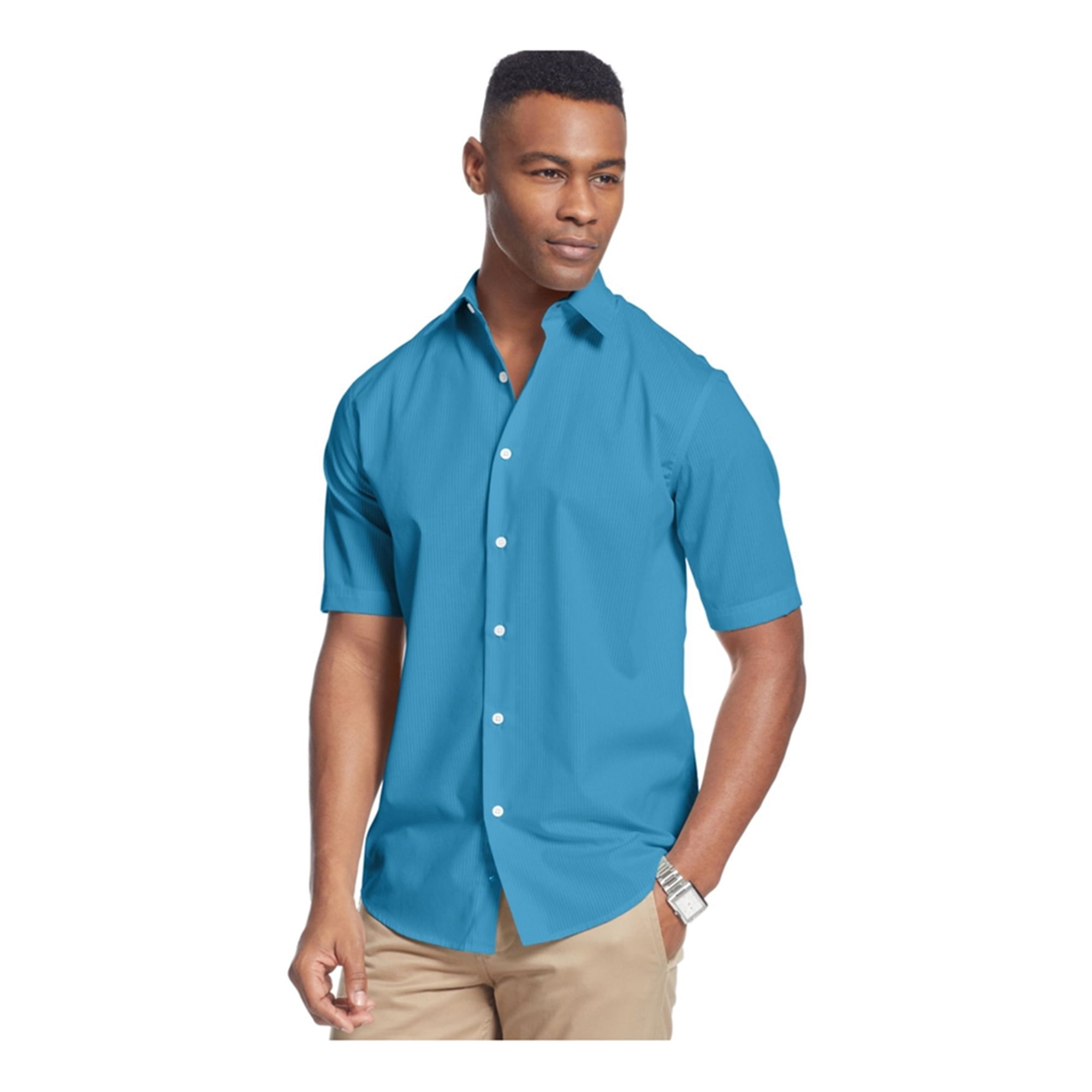 John Ashford Mens Shadow Stripe Button Up Shirt, Blue, Small