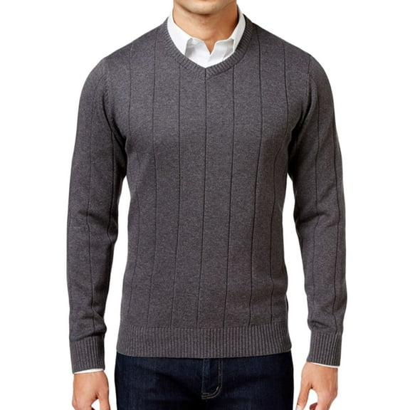 John Ashford Mens V-Neck Striped-Texture Knit Sweater, Grey, Small