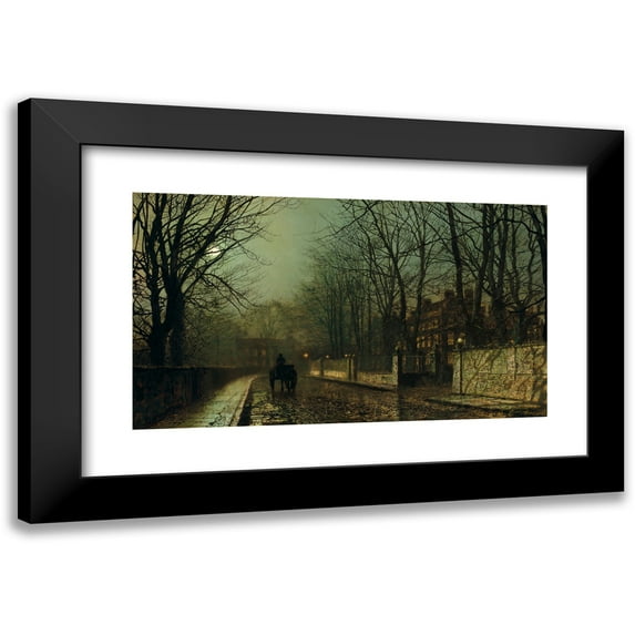 John Atkinson Grimshaw 24x15 Black Modern Framed Museum Art Print Titled - A Wet Moon, Putney Road (1886)