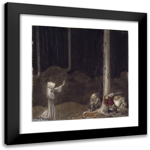 John Bauer 12x12 Black Modern Framed Museum Art Print Titled - Brother St. Martin and the Three Trolls (1913)