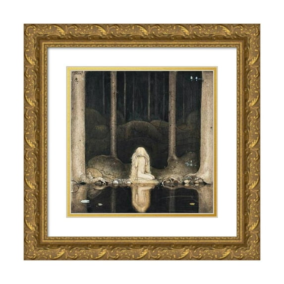 John Bauer 12x12 Gold Ornate Wood Frame and Double Matted Museum Art Print Titled - Princess Tuvstarr Gazing Down into the Dark Waters of the Forest Tarn (1913)