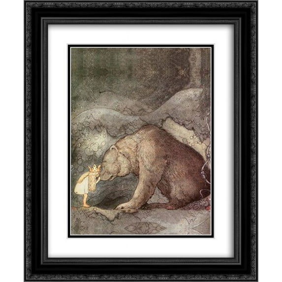 John Bauer 2x Matted 20x24 Black Ornate Framed Art Print 'She kissed the bear on the nose'