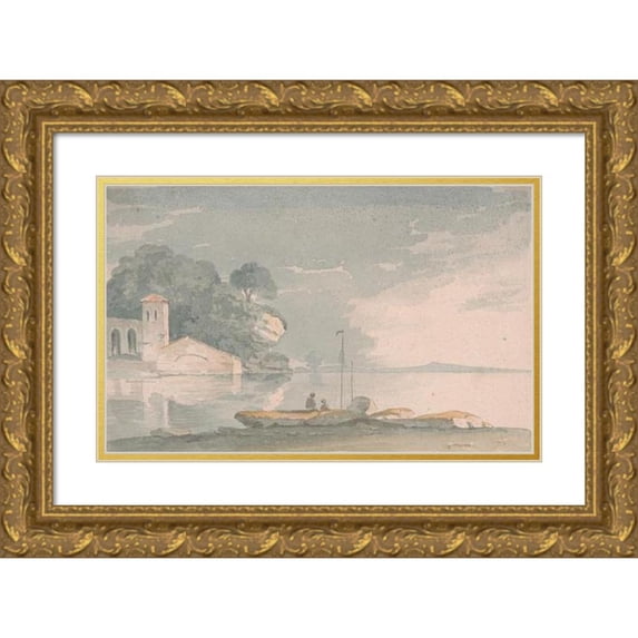 John Baverstock Knight 14x11 Gold Ornate Wood Frame and Double Matted Museum Art Print Titled - Boat and Figures on Shore of a Lake