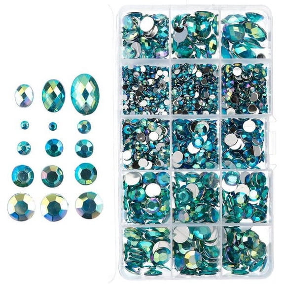 John Bead 1000pcs Aqua AB Round Oval Acrylic Plastic Flat Back Rhinestones Assorted Box