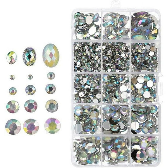 John Bead 1000pcs Crystal AB Round Oval Acrylic Plastic Flat Back Rhinestones Assorted Box