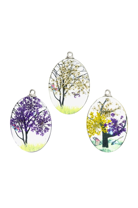 30x40mm Assorted Dried Flower Glass Pendants, 3pcs