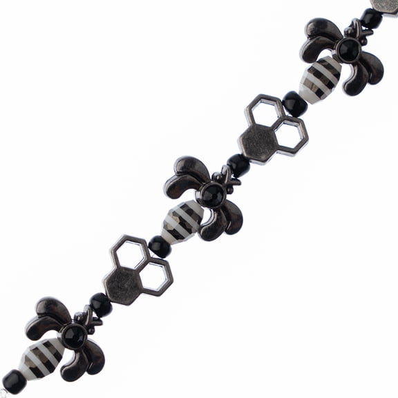 John Bead™ 5inch Black & White with Gunmetal Honeycomb and Bees Bead Strand