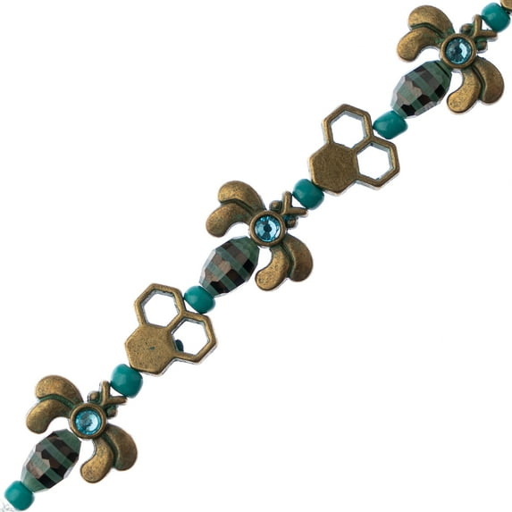 John Bead™ 5inch Blue & Black Patina Antique Bronze Honeycomb and Bees Bead Strand