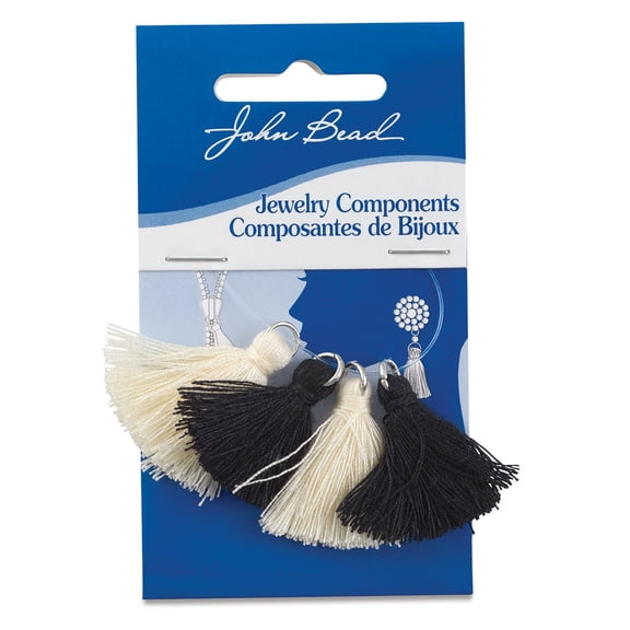 John Bead Cotton Tassels - Black and Ivory, Pkg of 4