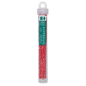 John Bead Czech Glass SuperDuo Two-Hole Beads - Coral Red, Metallic Luster, 22 g