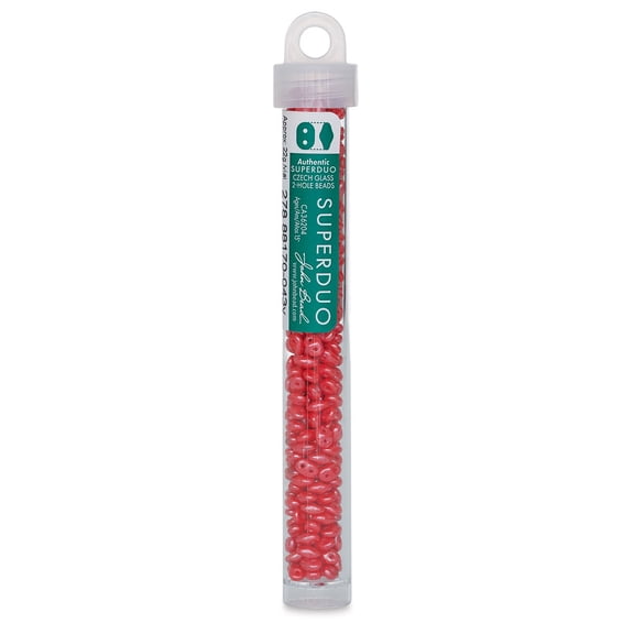 John Bead Czech Glass SuperDuo Two-Hole Beads - Coral Red, Metallic Luster, 22 g