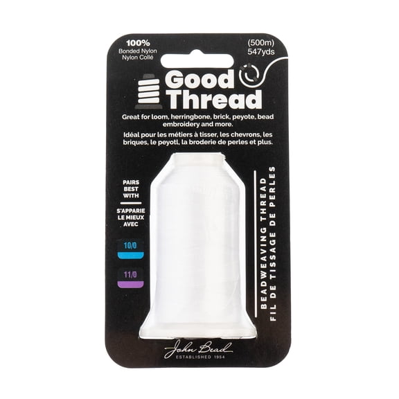 John Bead Good Nylon Beading Thread, 500m (547yd) Spool, White Bonded Nylon Thread for Jewelry Making, Beadwork and Sewing