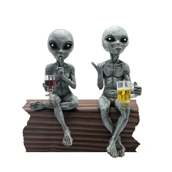 John Bernard & Company Alien Invasion 'Party Alien' Wine Drinking Female and Beer Drinking Male Ledge Lounger 10 Inch H Funny Home or Garden Statue Set