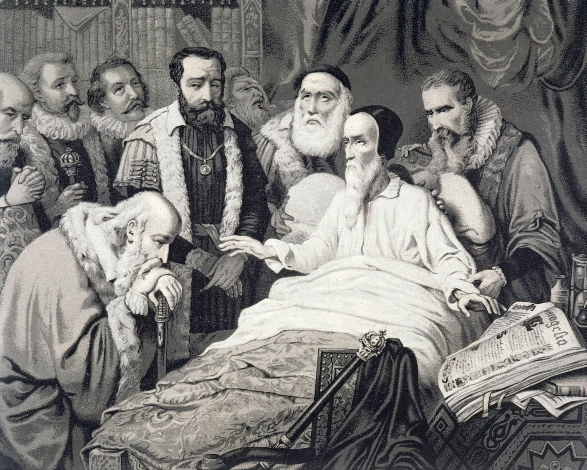 John Calvin 1509 To 1564 French Protestant Theologian On His Death Bed From 19Th Century Engraving Canvas Art - Ken Welsh  Design Pics (32 x 26)
