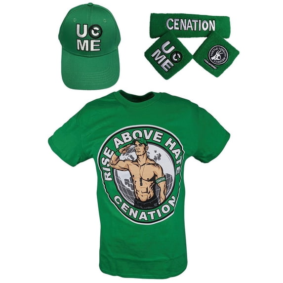 John Cena Boys Green Kids Costume T-shirt Hat Wristbands YS