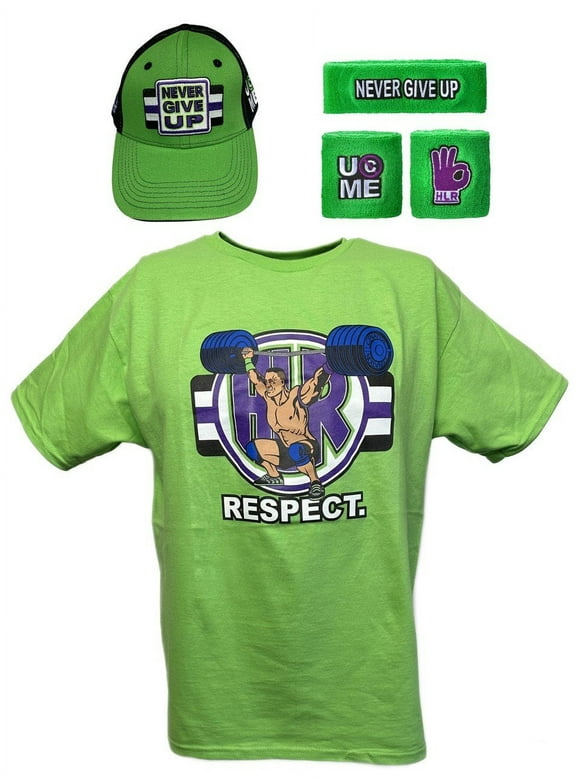 John Cena Cenation Respect Green Boys Kids Costume Hat T-shirt Wristbands YL 14-16