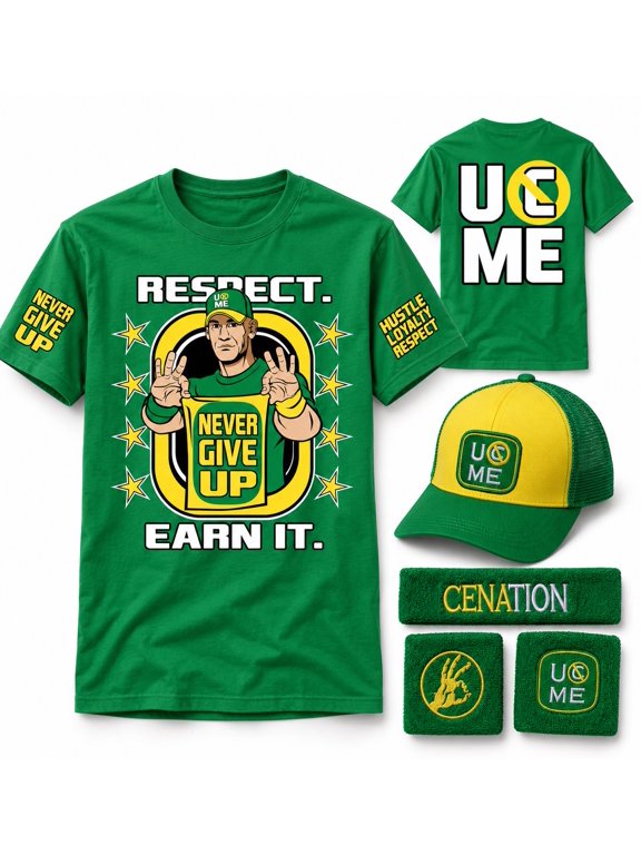 John Cena Earn The Day Mens Costume T-shirt Baseball Hat Headband Wristbands M
