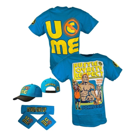 John Cena Mens Blue Throwback Costume Hat T-shirt Wristbands S