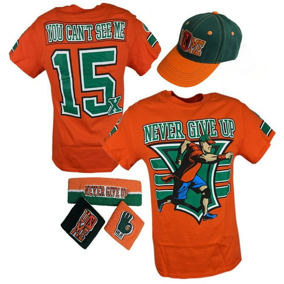 John Cena Mens Orange 15x Costume Hat T-shirt Wristbands S