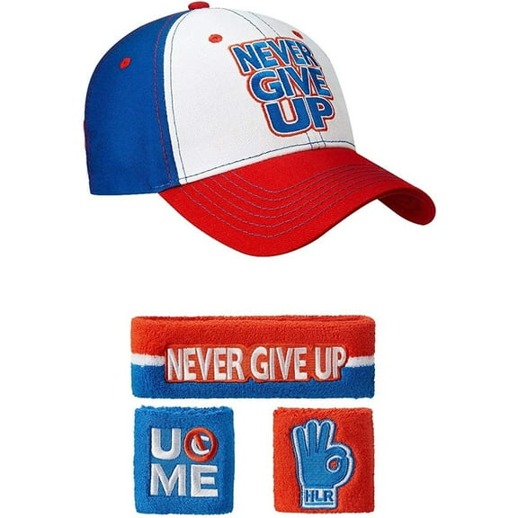 John Cena Red White Blue Never Give Up Baseball Hat Headband Wristband Set