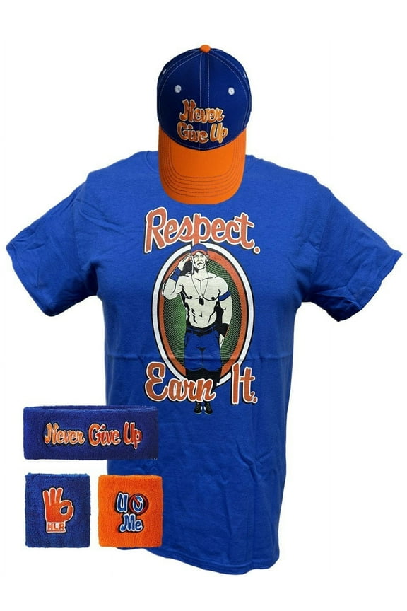 John Cena Respect Earn It Costume T-shirt Baseball Hat Headband Wristbands Boys YL 14-16