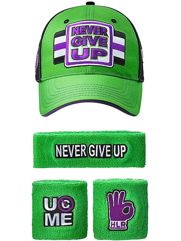 John Cena WWE Never Give Up Green Purple Baseball Hat Headband Wristband Set