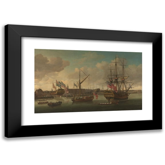 John Cleveley the elder 14x10 Black Modern Framed Museum Art Print Titled - Launching at Deptford